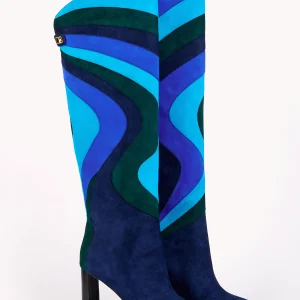 Bottes Aurora en suède patchwork bleu et talon haut - Maison Skorpios par Adriana Abascal