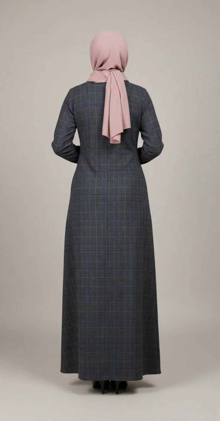 Abaya boutonnée à carreaux Bleu – Image 2