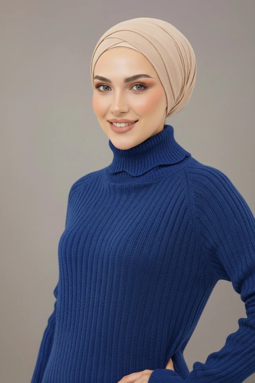 Pull long à col roulé côtelé Bleu – Image 2