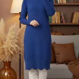 Pull long à col roulé côtelé Bleu