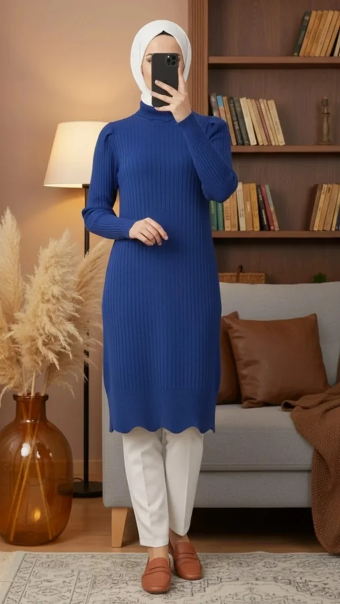 Pull long à col roulé côtelé Bleu