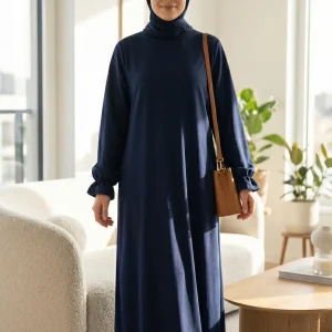 Abaya Bleu Marine Jazz Manches Volant