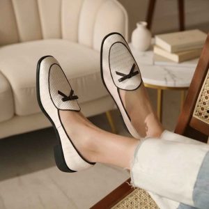 Mocassins Femme Cuir Vache Premium avec Nœud et Talons Épais Bout Rond