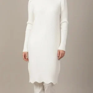 Pull Long Col Roulé en Maille Côtelé blanc