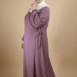 Robe Abaya Croisée Manches Bouffantes avec noeud Mauve